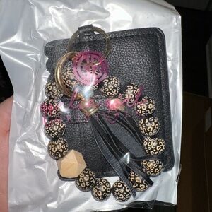 Leather Black Card Holder with Leopard Bead Keychain
